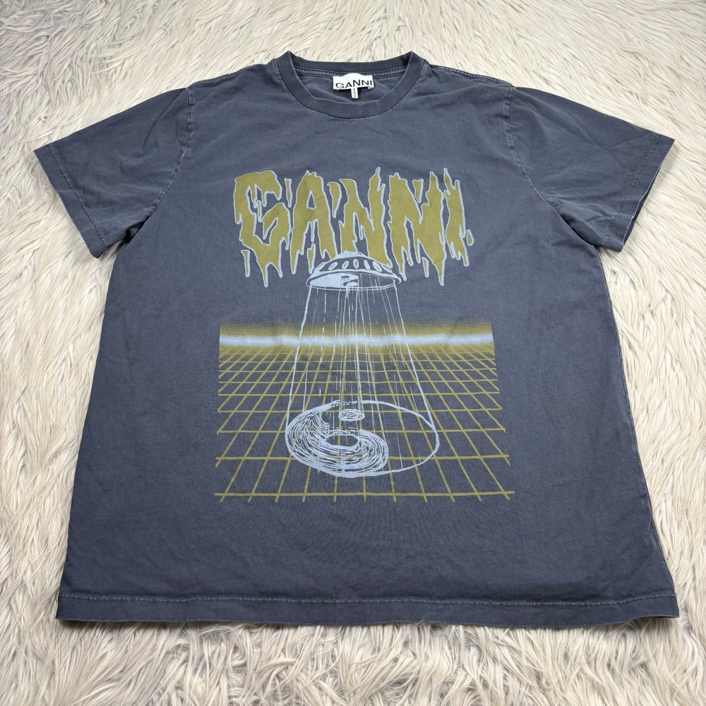 GANNI Women's M Gray Phantom UFO T-shirt Alien Graphic Tee Cotton Dopamine